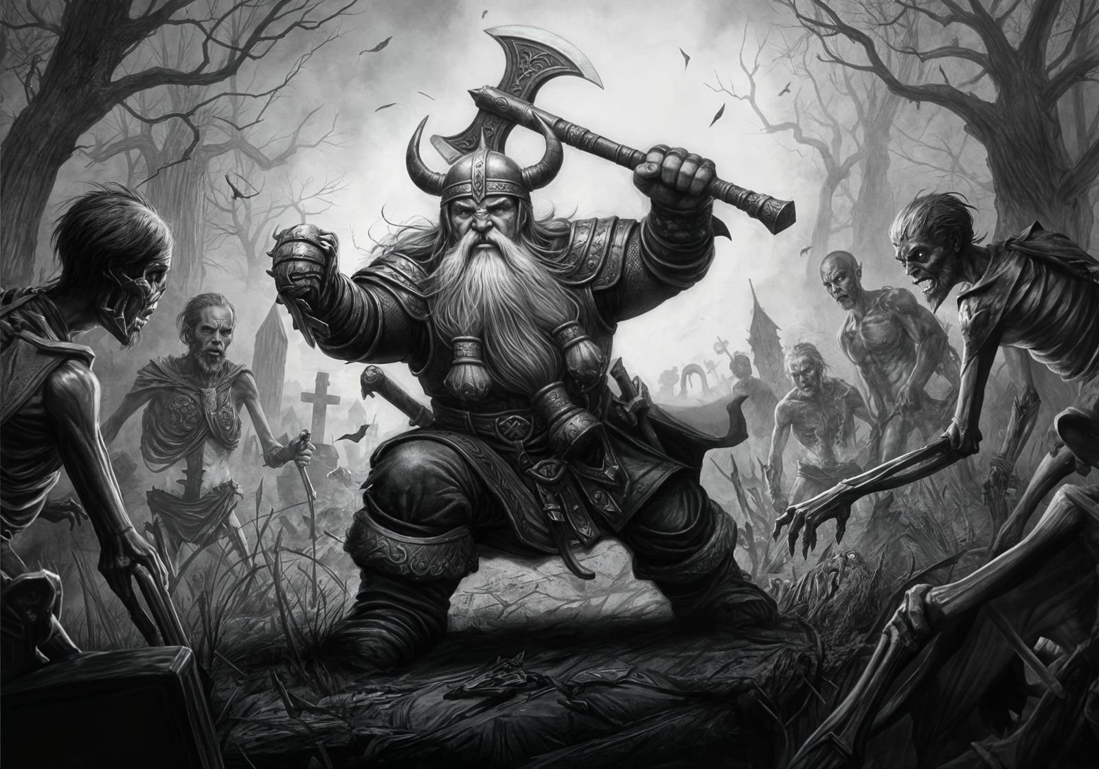 Dwarf Warrior in Graveyard: a Fantasy Pencil Sketch
