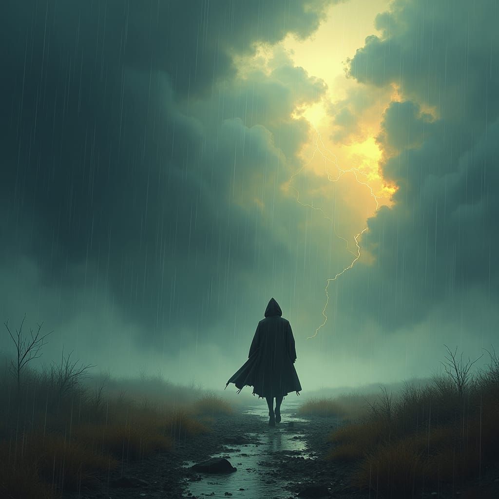 Figure Walking Through Storm in Hyper-Realistic Style