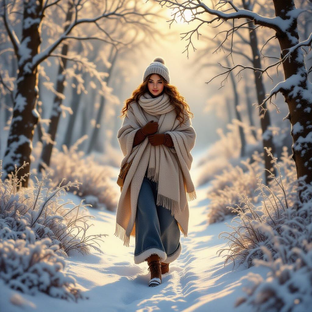 Ethereal Woman in Frosty Forest, Kinkade-Inspired Scene