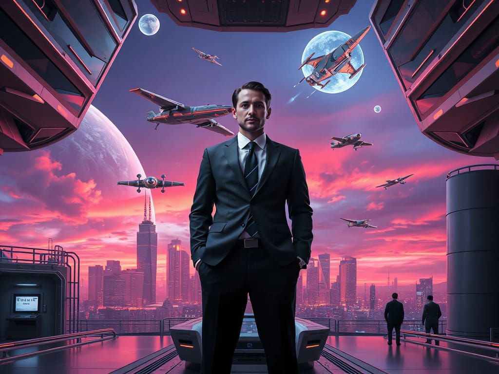 Futuristic Travel Agent & Starships in Neon Dystopian City