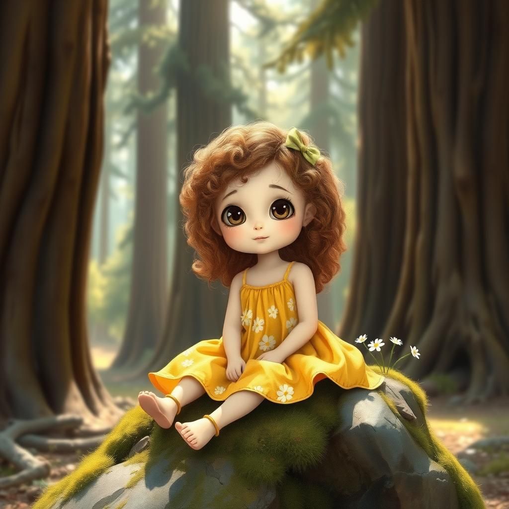 Girl with Curly Hair in Dreamy Forest Scene