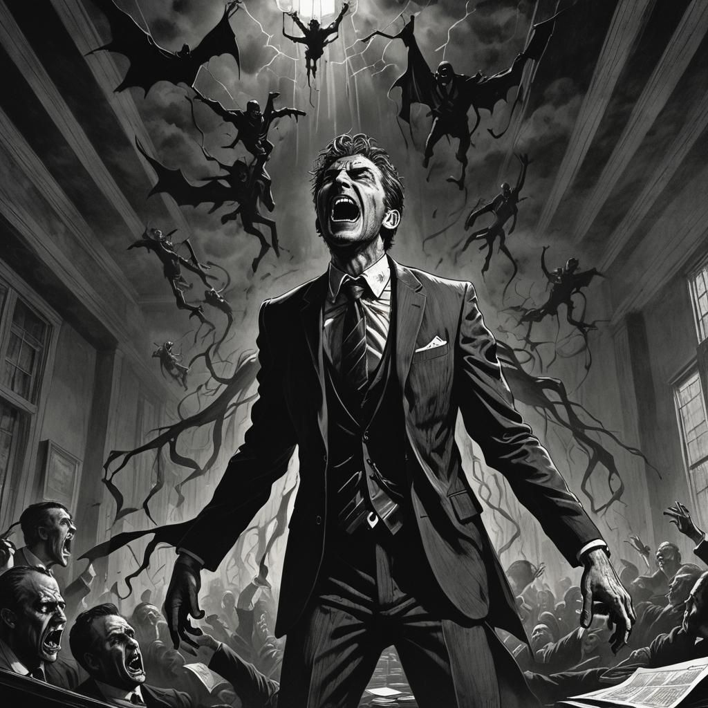 Dark Fantasy: Man Consumed in Gothic Office