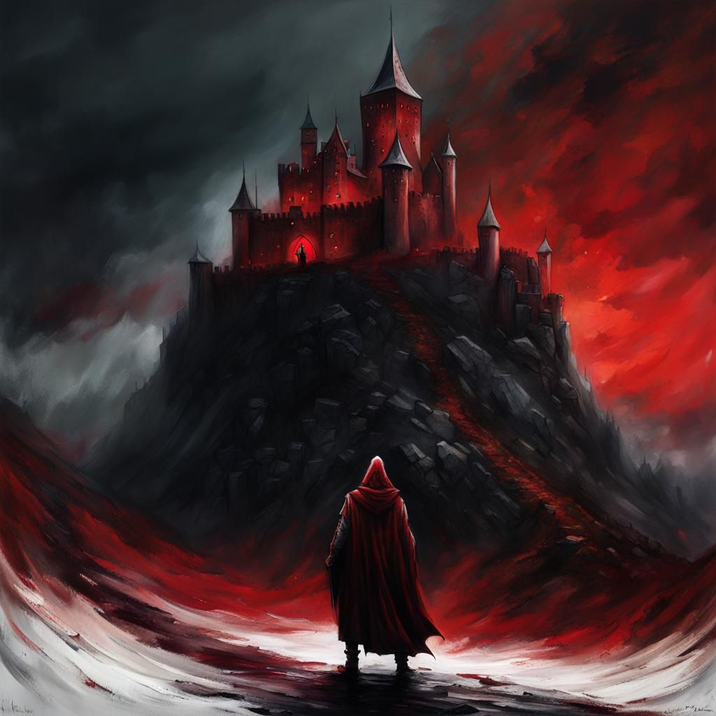 Hooded Figure Climbs to Castle: Digital Gothic Art