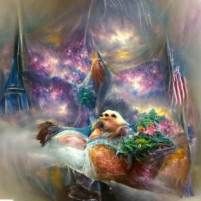 Chicken Riding Sloth in Space: Ethereal Fantasy Art