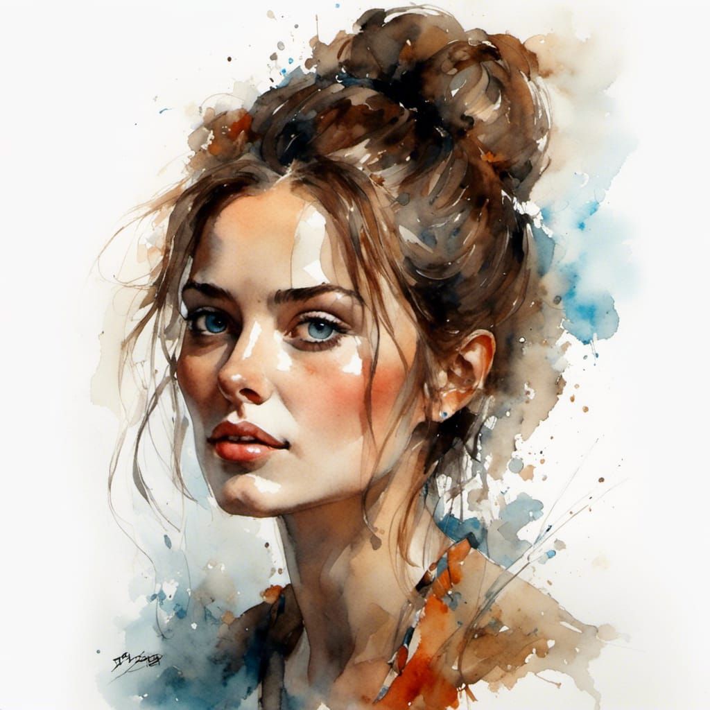 Elegant 1960s Woman in Vibrant Watercolor Portrait