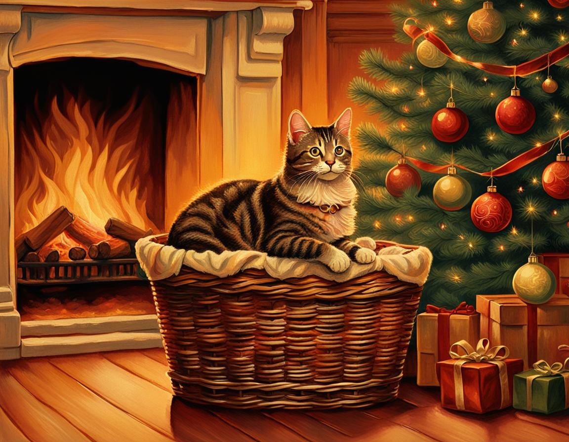 Cozy Cat by Fireplace in Rockwell Style
