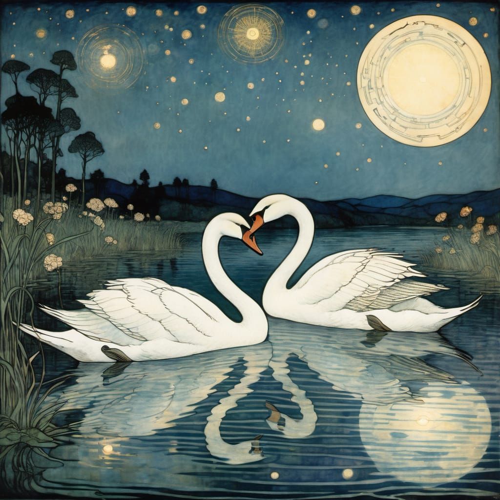 Swans Under Starlit Lake in Whimsical Artistic Style
