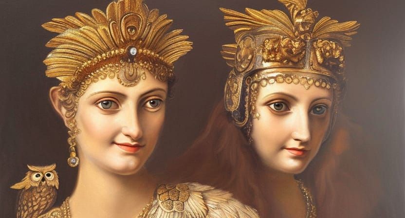 A portrait of a Roman goddess Minerva with her owl, gold filigree headpiece, with a small welcoming smile, big brown eye...