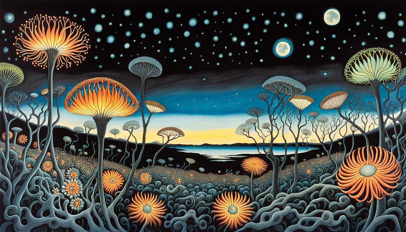 Bioluminescent Neuron Flowers in a Burton-Escher Style