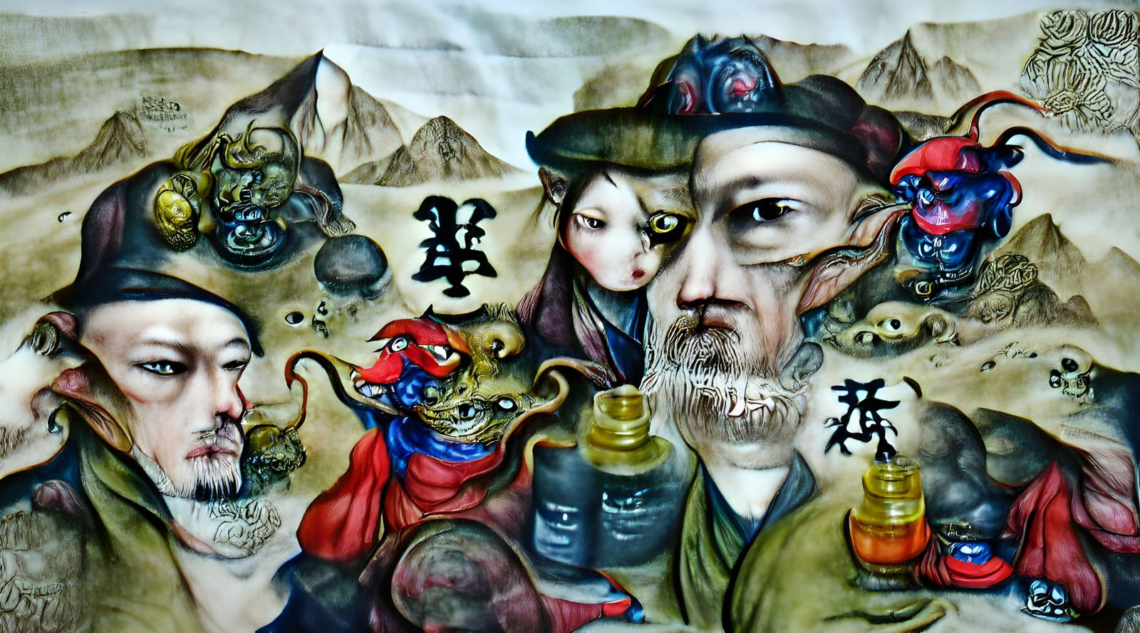 Alchemist's Chimera Face: Chinese Ink and Ukiyo-e