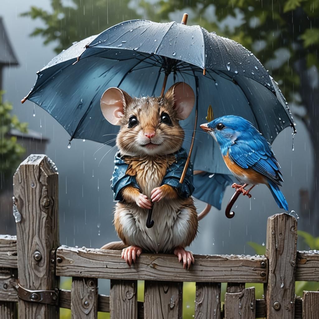 Door Mouse and Bluebird Share Umbrella