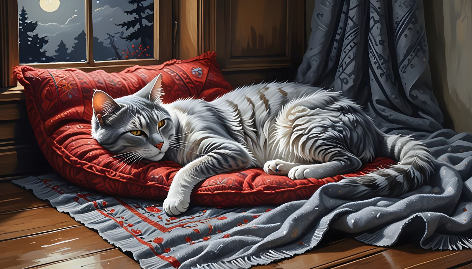 Art Nouveau Cat Sleeping in Dark Room