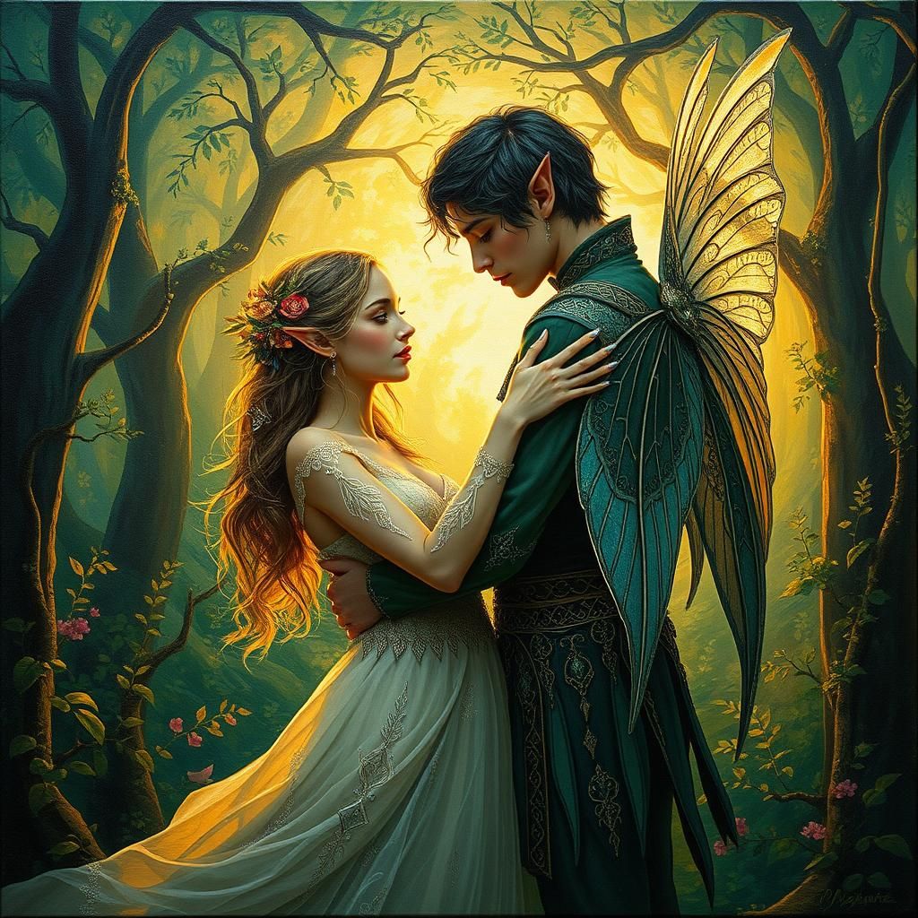 Ethereal Fairy Elf Couple in Forest Clearing