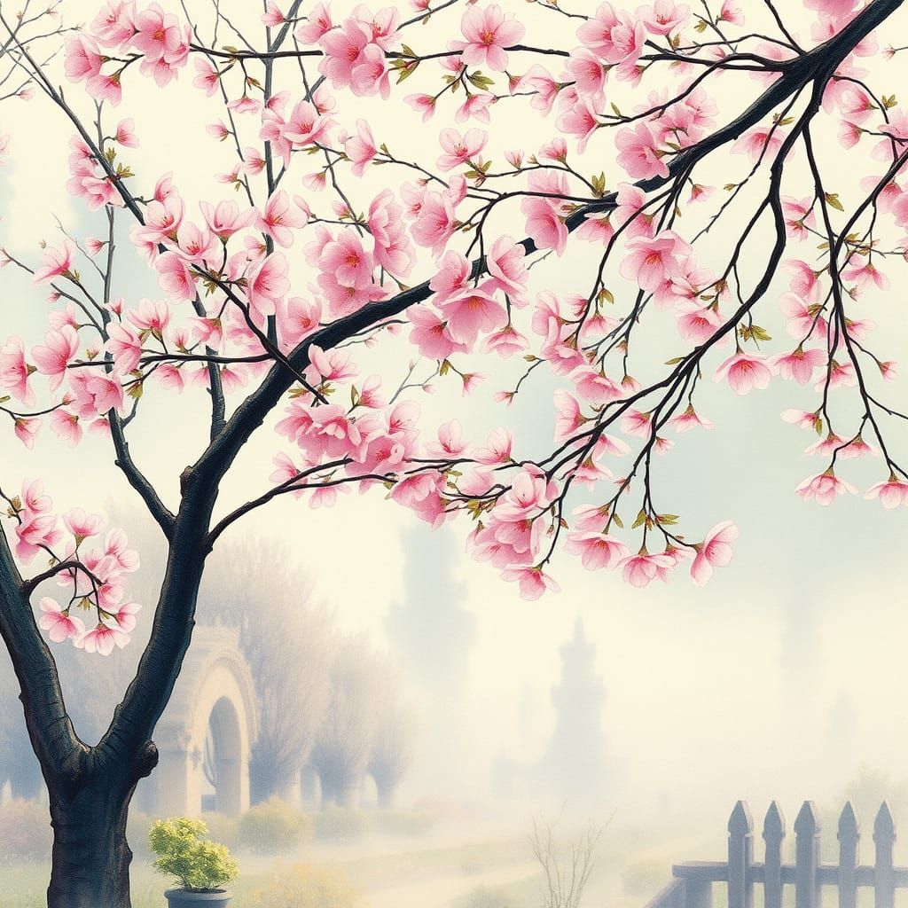 Surreal Cherry Blossom Garden in Soft Pastel Colors