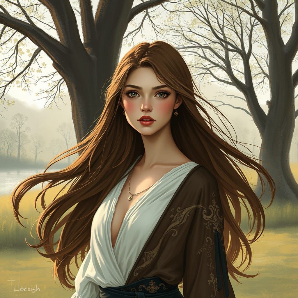 Elegant Woman with Flowing Hair: Photorealistic Art