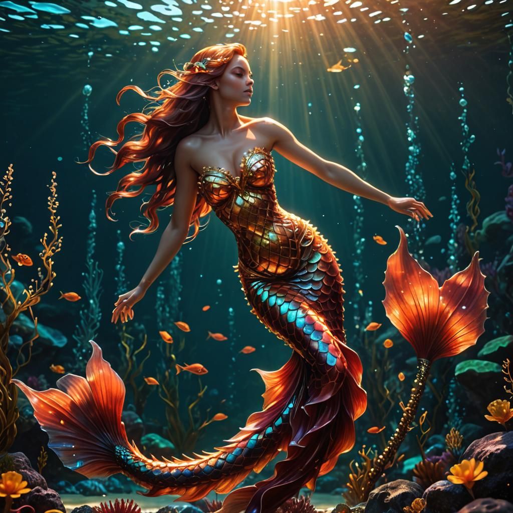 Scarlet Crystal Mermaid in Dynamic Pose