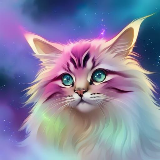 Colorful Galaxy Kitten Portrait in Watercolor Style