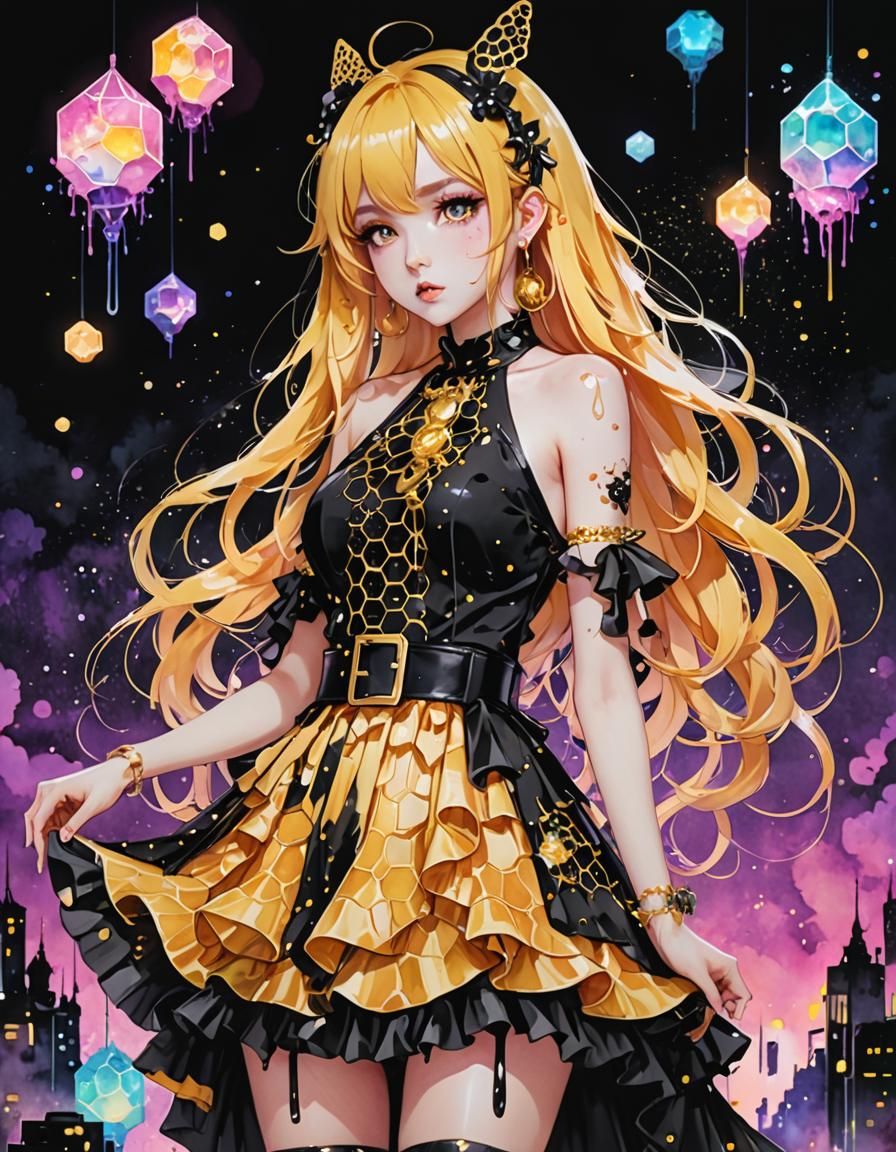 Pastel Goth Dress with Honeycomb in Anime Style