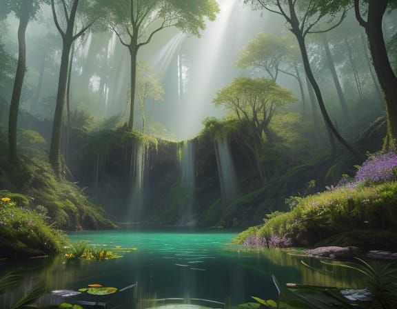 Mystical Lake Cove Scene in Vibrant, Intricate Detail