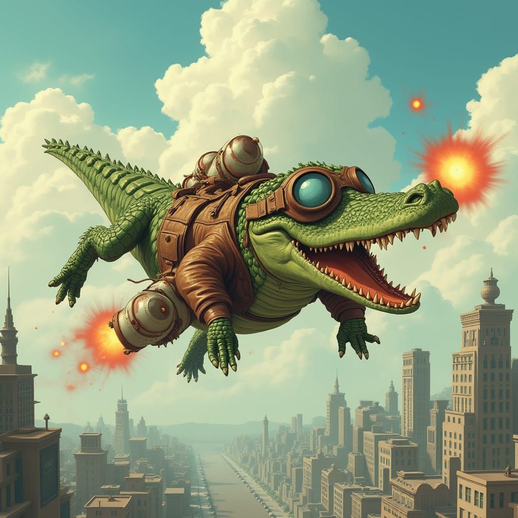 Crocodile Pilot Soaring Through Dystopian City
