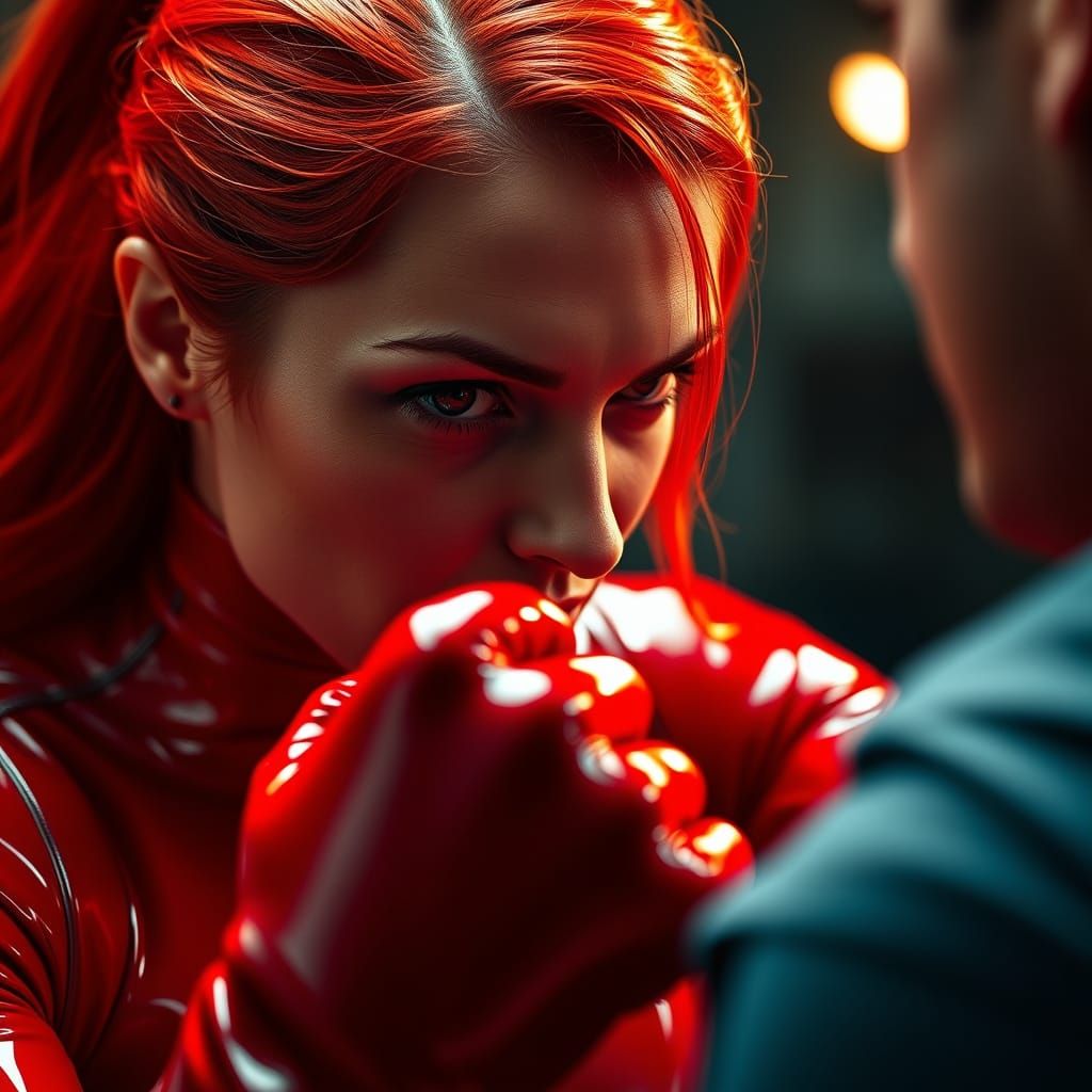 Redhead in Latex Suit: Intense Close-Up Portrait