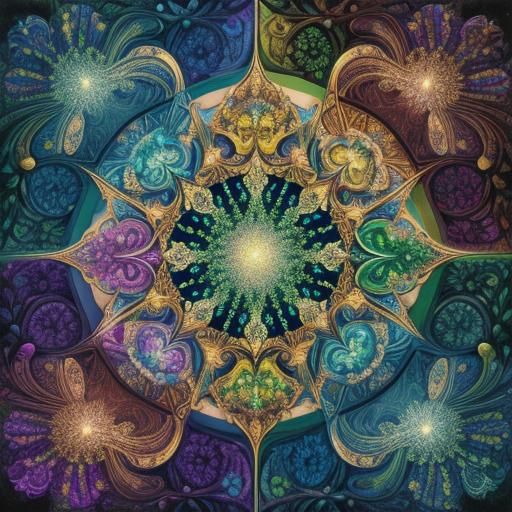 Green Fractal Mandala in Woods: Digital Oil Painting