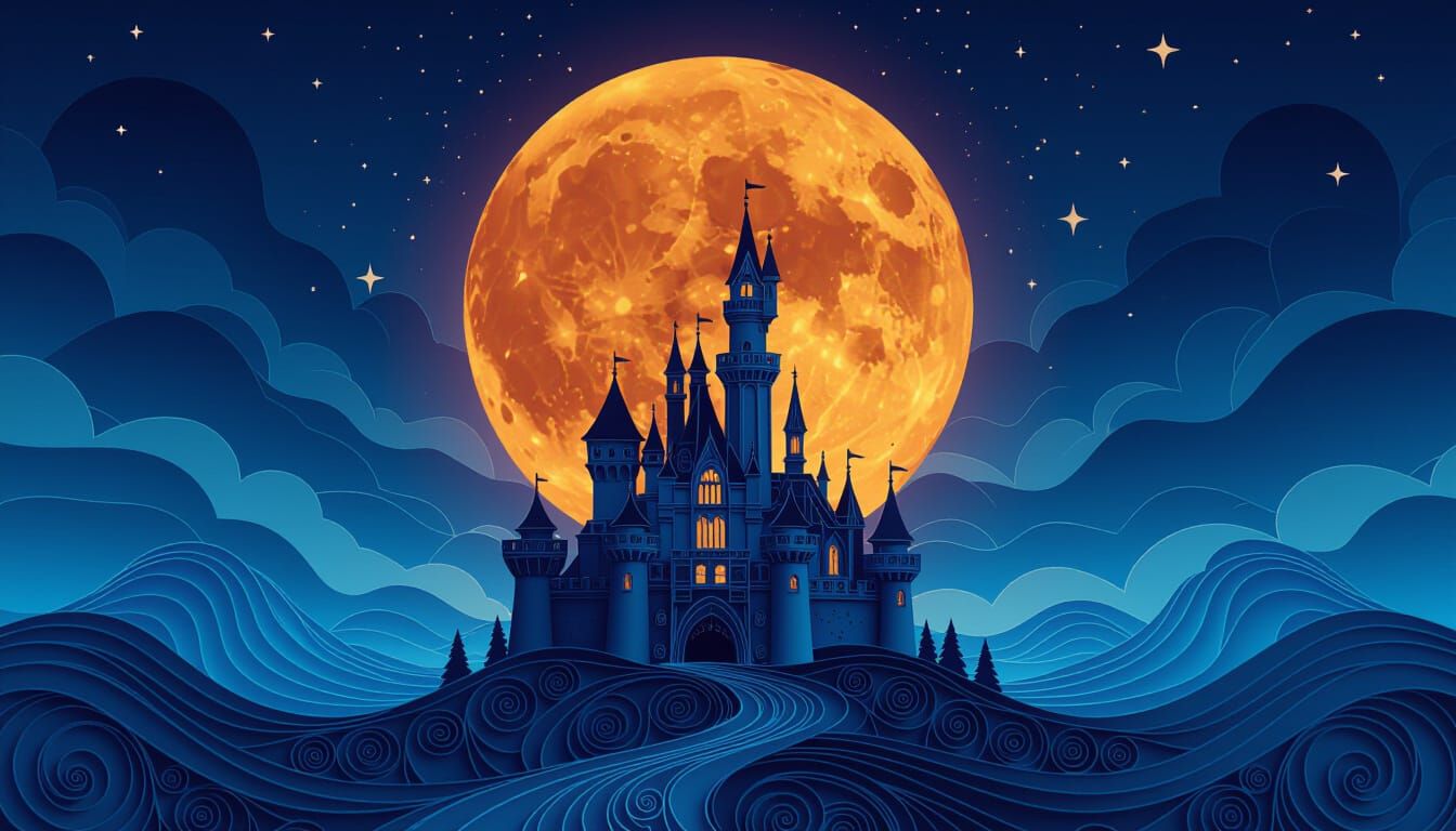 Blood Moon Over Castle in Paper Craft Style