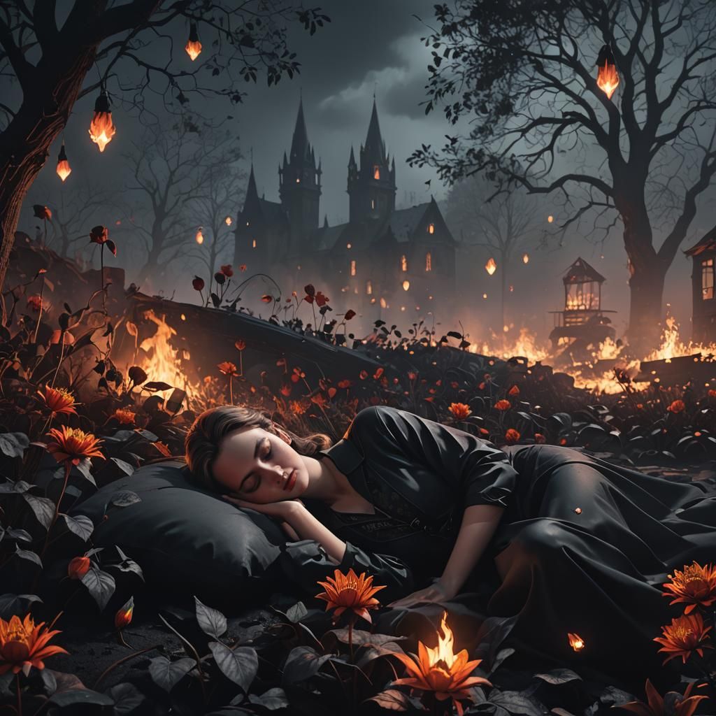 Film Noir Sleeping Girl with Black Flowers