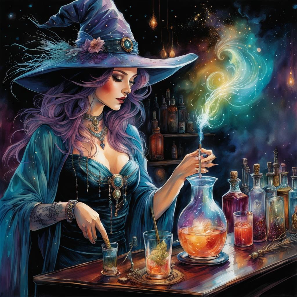 Cosmic Witch Mixologist Crafting Mystical Potions