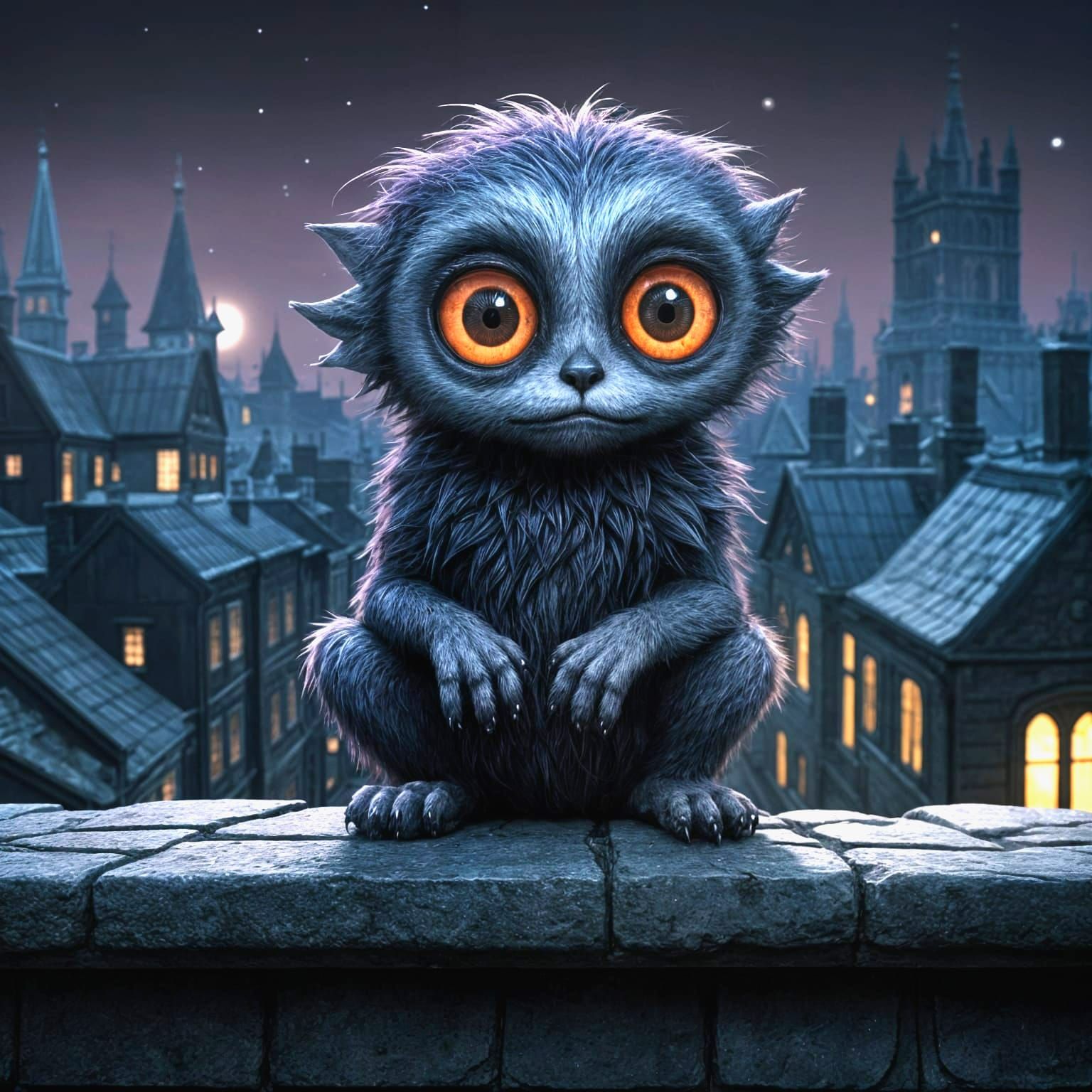 Gothic Creature on Rooftop in Tim Burton Style