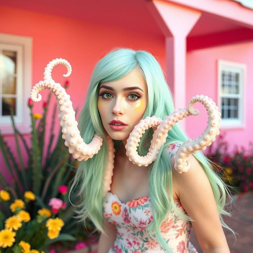 Surreal Fantasy Girl with Tentacles and Golden Tears