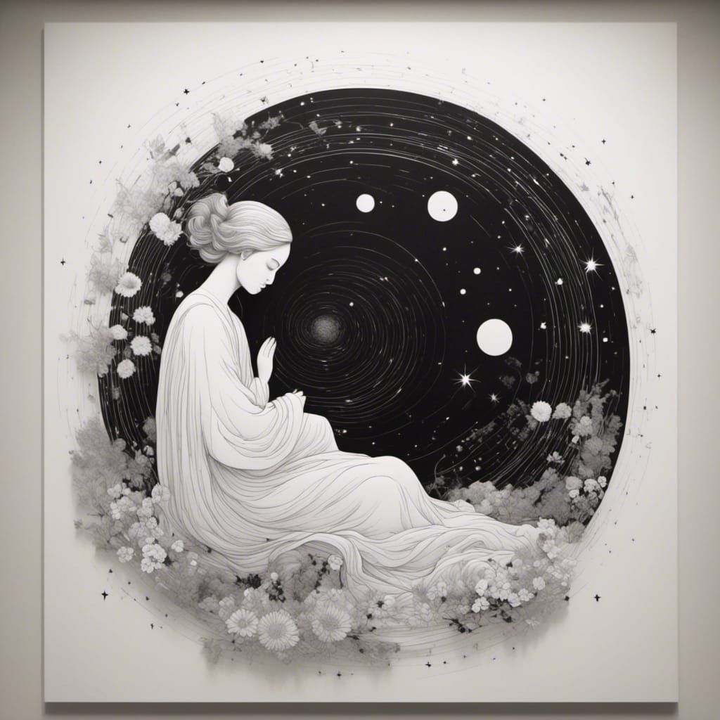 Woman Sleeping in Cosmic Trip: Minimalist Art