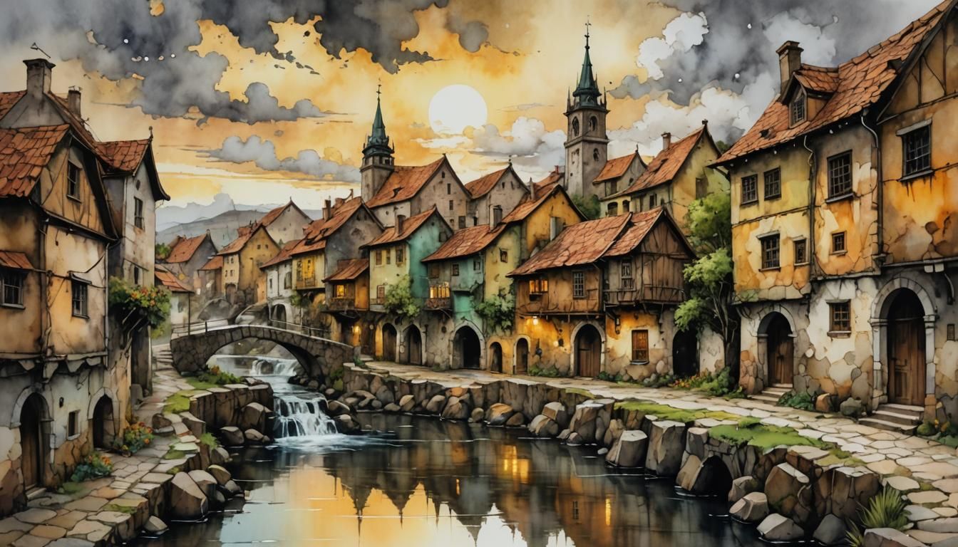 Charming Stone Town in Alcohol Ink Style