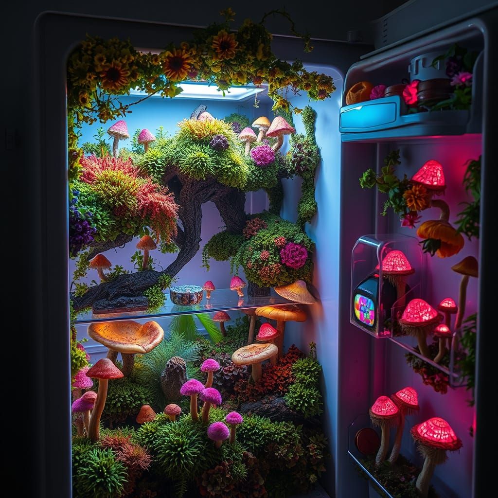 Bioluminescent Flora in Abandoned Refrigerator, Digital Art