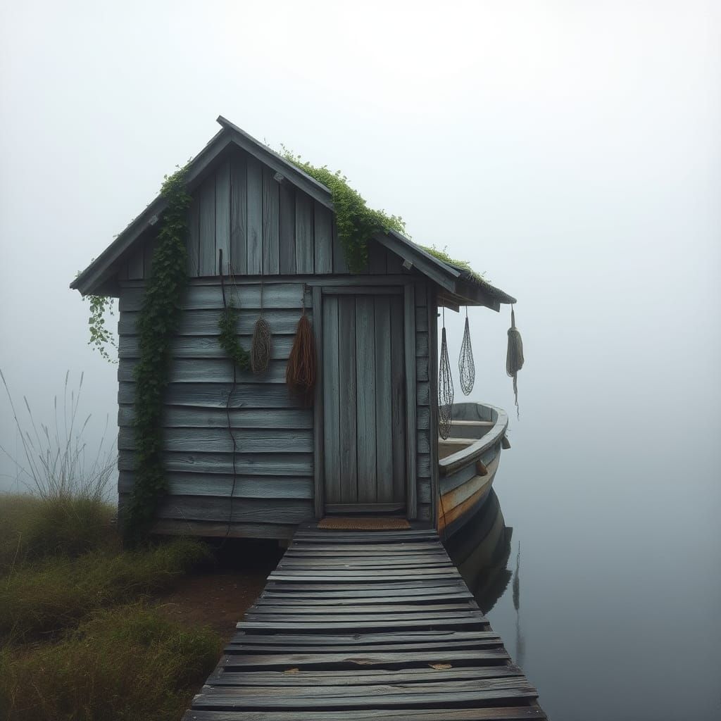 Misty Lake Boathouse in Impressionist Style