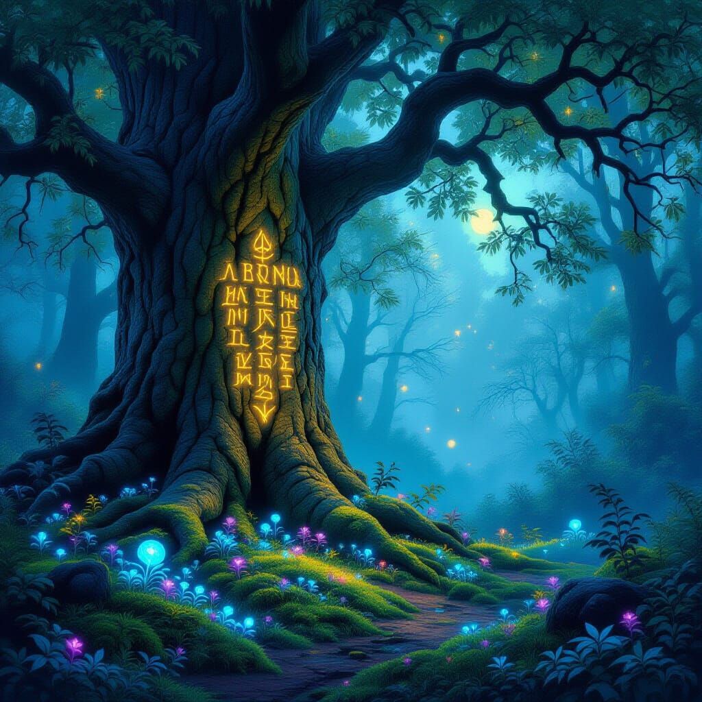 Ancient Rune Tree in Ethereal Forest Clearing