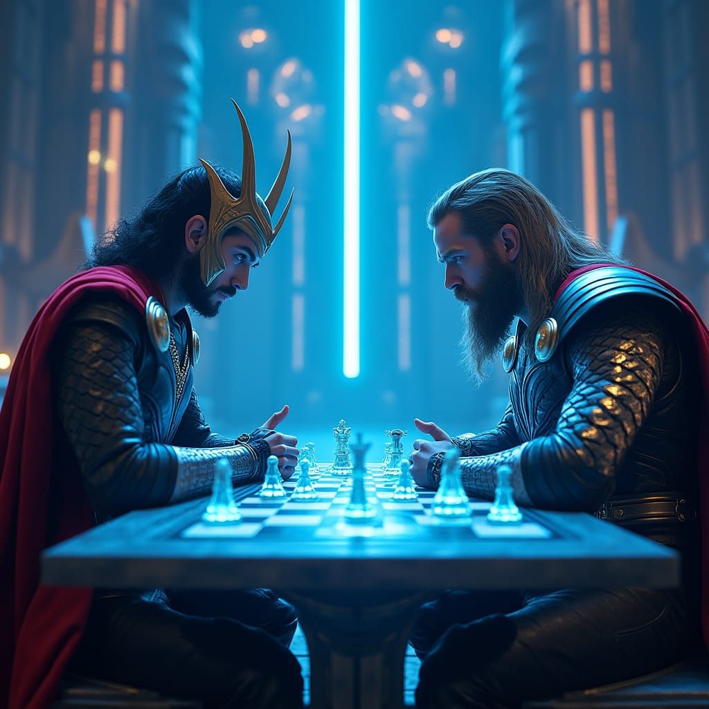 Loki and Thor Play Chess in Tron-Inspired Valhalla
