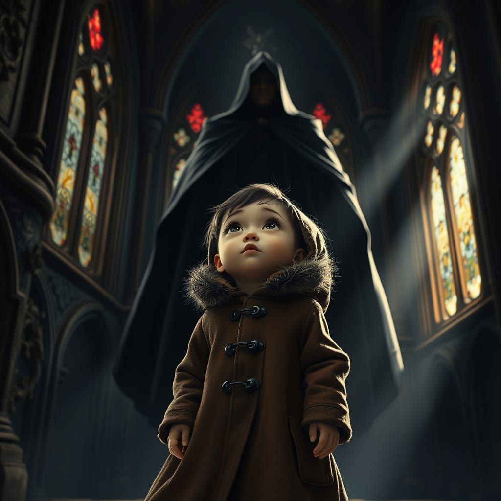 Mysterious Guardian in Dark, Gothic Landscape