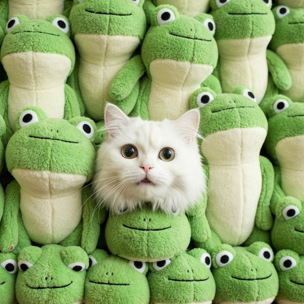 Fluffy Cat Peeking from Frog Toy Wall