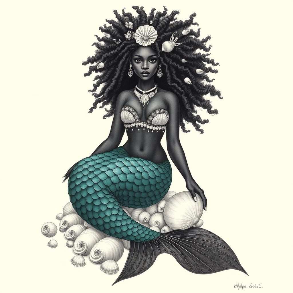 Elegant Black Mermaid in Antique Engraving Style