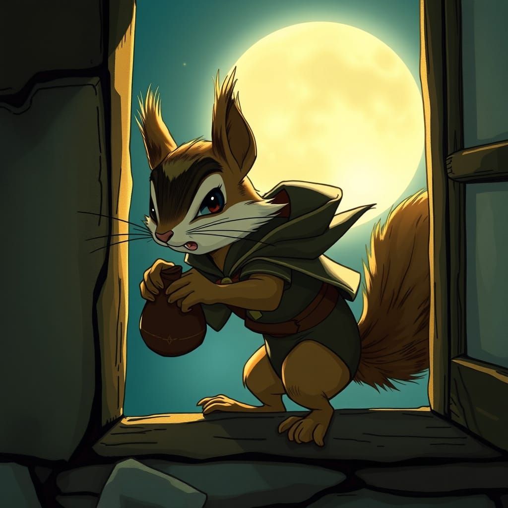 Squirrel Bandit's Moonlit Heist: Ghibli-esque Fantasy