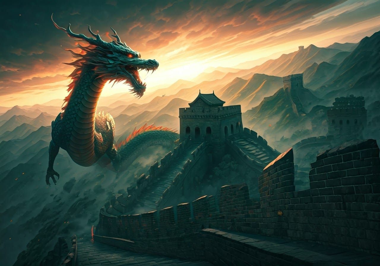 Majestic Chinese Dragon Soars Over the Great Wall in a Fanta...