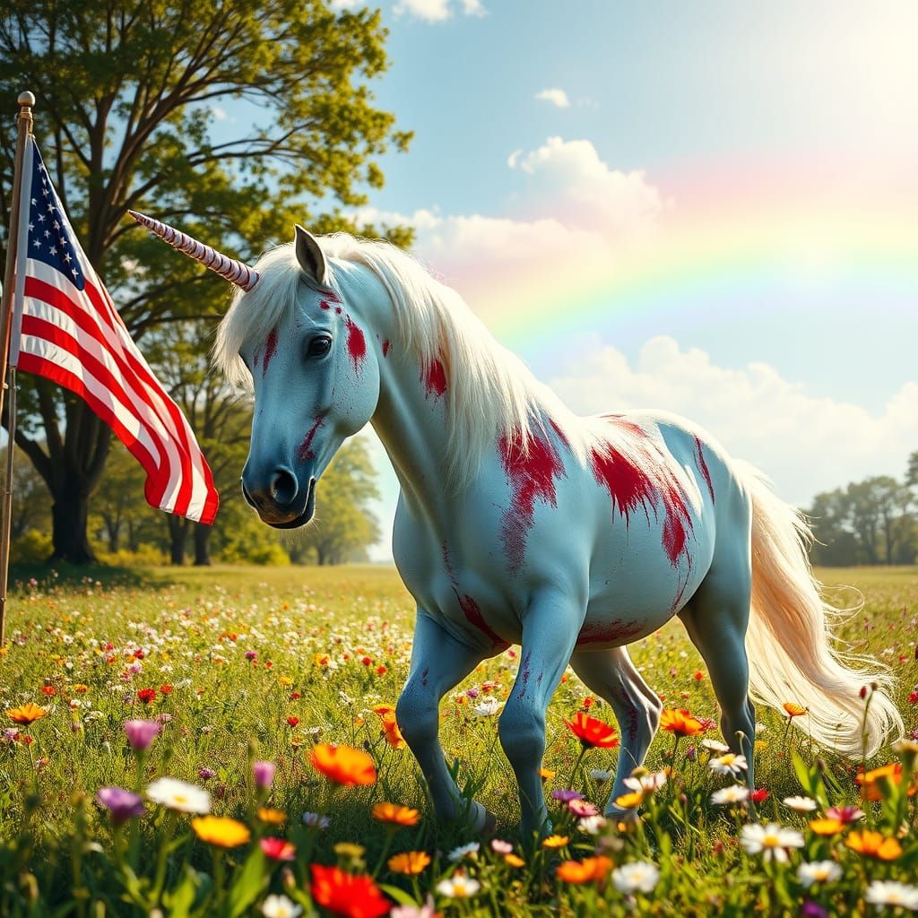 Wounded Unicorn in Sunny Meadow with Flag