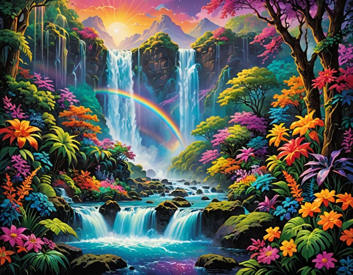 A rainbow over a waterfall
