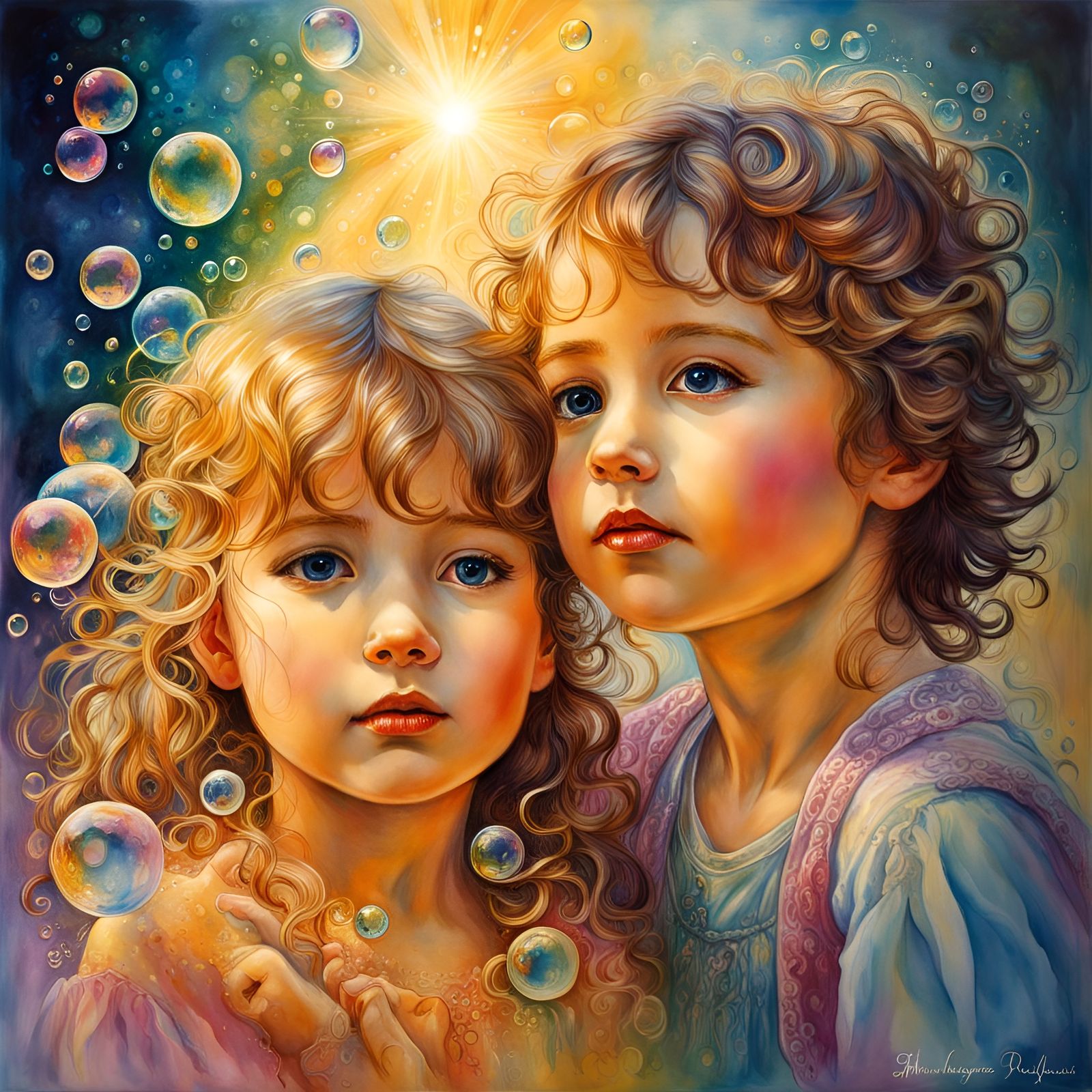 Children Playing with Bubbles in Watercolor Style