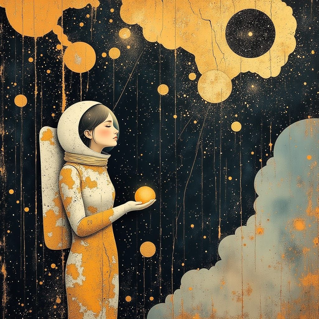 Astronaut Drifting Above Dying Star in Cubist Oil Painting