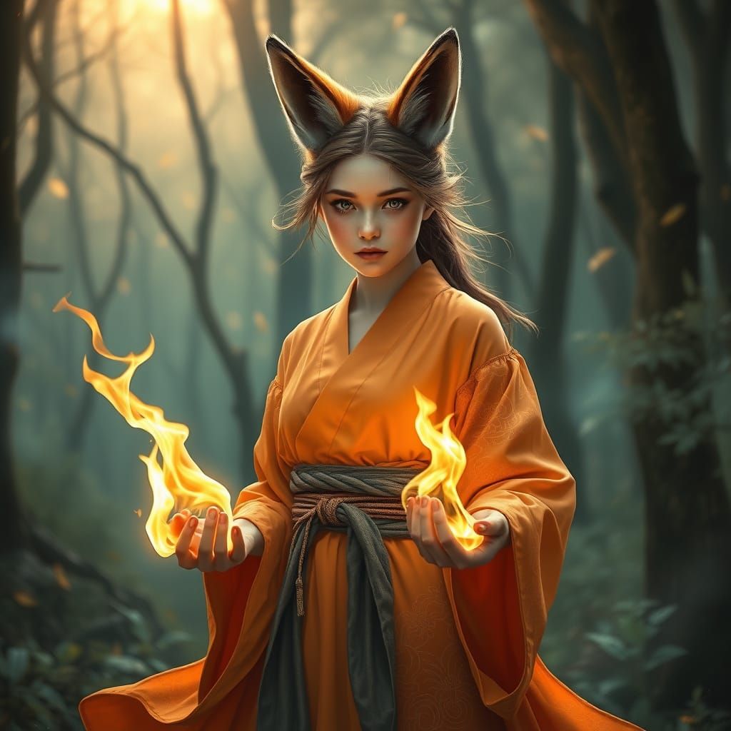 Surreal Fox Girl Stands Amidst Flames in Dreamlike Forest