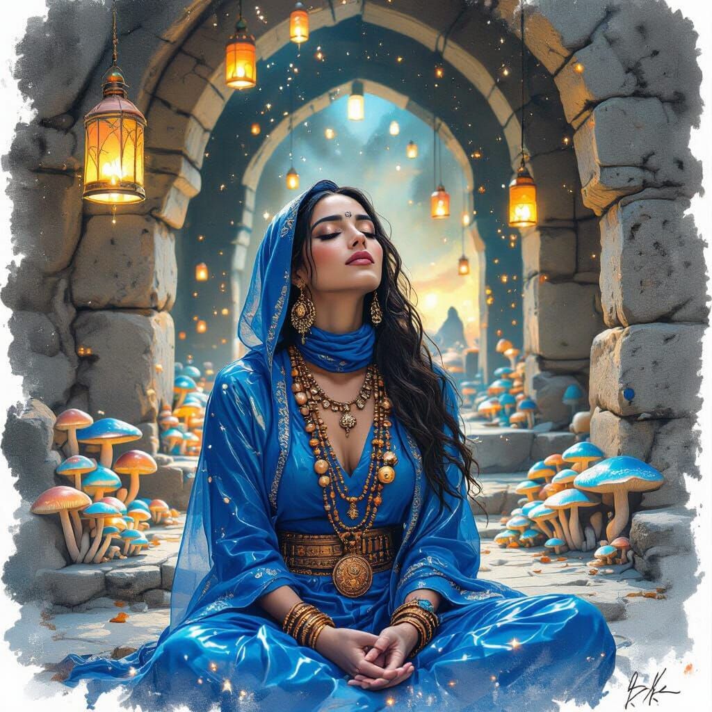 Bioluminescent Shrine with Meditating Woman, Cinematic Style