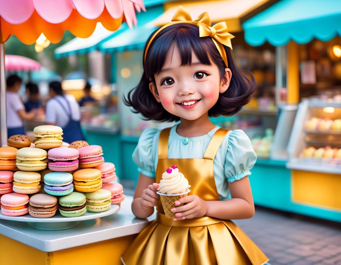Dreamy 3D Portrait: Girl with Macaron Dreams