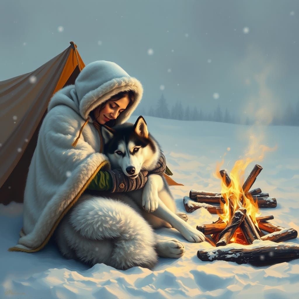Winter Campfire Intimacy in a Blizzard Oil Painting
